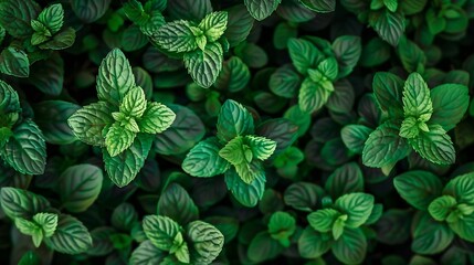 Poster - Mint leaves background Green Peppermint leaves Pattern layout design Top view Spermint plant growing : Generative AI