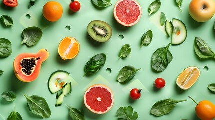Poster - Creative neatly arranged food layout with fruits vegetables and leaves on bright background Minimal healthy food concept Flat lay : Generative AI