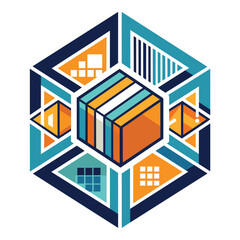 Poster - A cube featuring different colors and shapes, resembling a barcode symbolizing diversity and variety, A geometric logo inspired by a barcode, symbolizing tracking and inventory control in logistics