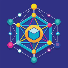 Poster - Stylized cube at center surrounded by circles in artistic formation, A geometric shape representing connectivity and innovation