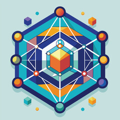Poster - Various geometric shapes and colors create a vibrant design on a blue background, A geometric shape representing connectivity and innovation