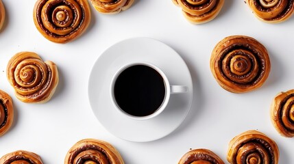 Aufkleber - Creative layout made of cinnamon buns and cup of coffee on the white background Flat lay Food concept : Generative AI