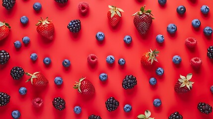 Poster - Colorful fruit pattern of wild berries on red background Creative summer fruit concept Strawberries blueberries and raspberries Minimal healthy diet or smoothie texture Top view flat l : Generative AI