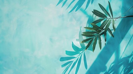 Aufkleber - Mint Blue cement texture wall leaf plant shadow backgroundSummer tropical travel beach with minimal concept Flat lay pastel color palm nature : Generative AI