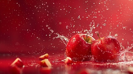 Wall Mural - Creative layout made from Fresh Red Apple fruit  and water Splashing on a red background : Generative AI