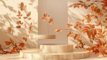 Autumn podium in two parts made of natural wood and autumn foliage The showcase for the presentation of goods and cosmetics is made of wood on a beige background Minimalistic branding  : Generative AI