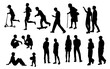 Silhouettes of men, women, teenagers and children standing, walking, sitting, skateboarding, black color, vector, group recreation people, students, flat icon design concept isolated on white backgrou