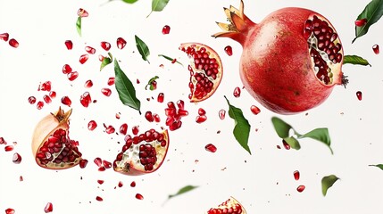 Poster - Flying in air fresh ripe whole and cut pomegranate with seeds and leaves isolated on white background High resolution image : Generative AI
