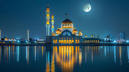 mesmerizing mosque in the night with bright crescent moon, framed by a blue sky and calm water, with a towering building in the background