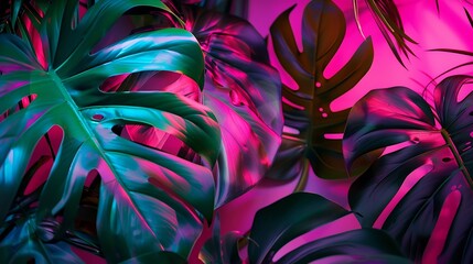 Poster - Abstract Fashionable Trendy Concept With Tropic Monstera Leaves Multicolor Neon Lights Copy Space Colorful textured background : Generative AI