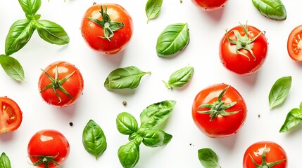 Aufkleber - Tomato and basil leaves creative composition isolated on white background Food healthy eating and dieting concept Summer red tomatoes arrangement and layout : Generative AI