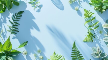 Poster - Creative layout of green leaves various wild plants on blue and white empty round frame copy space Summer spring or ecology concept : Generative AI