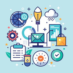 Fototapete - Blue background featuring a variety of icons representing different concepts and functionalities, A minimalist icon reflecting simplicity and efficiency in a digital startup