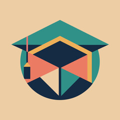 Poster - A vibrant geometric design featuring various shapes and colors against a round backdrop, A minimalist interpretation of a graduation cap, using negative space and geometric shapes