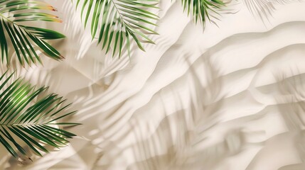 Poster - summer beach background with send and blurred Palm vacation and travel concept Flat lay top view copy space Minimal exotic concept Creative layout of sand waves : Generative AI