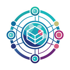 Poster - logo design with a cube at the center, encircled by multiple circles, representing digital connectiv