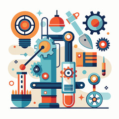 Poster - Illustration of a machine featuring colorful gears in a minimalist style, A minimalist interpretation of mechanical components and manufacturing tools