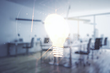 Poster - Virtual Idea concept with light bulb illustration on a modern furnished office background. Multiexposure