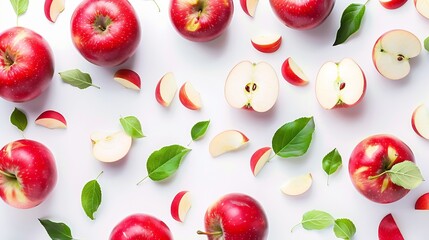 Poster - Red apples whole and pieces with leaves on a white background Poster : Generative AI