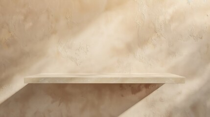 Aufkleber - Empty shelf on a beige textured plaster wall background with aesthetic floral sun light shadows product stand or podium design template for business branding advertisement mockup with  : Generative AI
