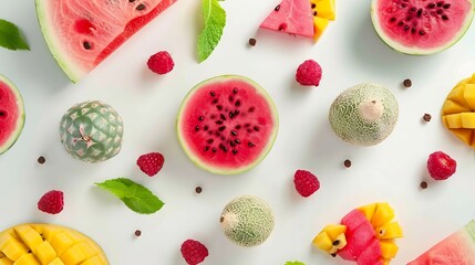 Aufkleber - creative layout made of summer fruits tropical flat lay food concept melon watermelon mangosteen dra