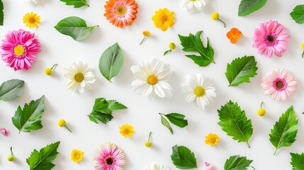 Poster - Creative layout made of colorful spring flowers and green leaves  Minimal holiday concept Flat lay pattern : Generative AI