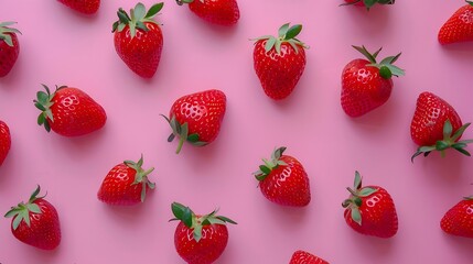 Aufkleber - Strawberry on pink background top view Berries pattern Strawberry flat lay on  pink background : Generative AI