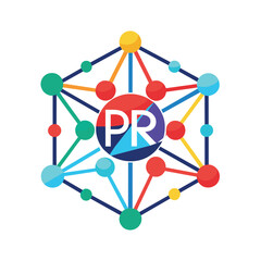 Poster - PR logo surrounded by colorful circles and dots representing connection and creativity, Explore the concept of connectivity in a minimalist logo inspired by wifi signals