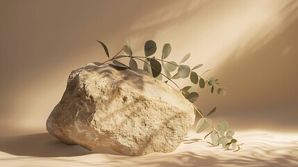 Poster - Podium for exhibitions and product presentations material stone eucalyptus branch Beautiful beige background made of natural materials Abstract nature scene with composition Product pr : Generative AI