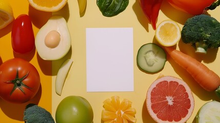 Aufkleber - Creative layout made of various fruits and vegetables with white paper card Flat lay Food concept : Generative AI