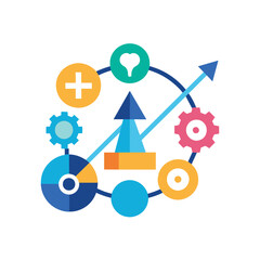 Poster - An abstract circle featuring gears and arrows interconnecting, symbolizing movement and coordination, A minimalist logo that symbolizes innovation and technology