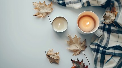Aufkleber - Autumn cozy composition Cup of coffee plaid candle dried leaves on white background Autumn fall concept Flat lay top view copy space : Generative AI