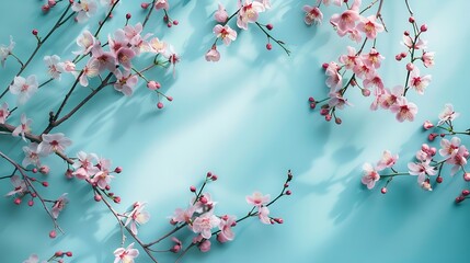 Poster - Beautiful Turquoise blue background with spring cherry blossom branches top view flat lay frame Creative springtime layout banner or template : Generative AI