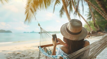 Sticker - Summer travel vacation concept Happy traveler asian woman using mobile phone and relax in hammock on beach in Koh Chang Trad Thailand : Generative AI
