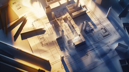 Aufkleber - Top view of architect drawing on architectural project : Generative AI