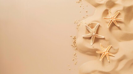 Wall Mural - Summer vacation and beauty sand mock up with starfish and sand on beige background top view copy space flat lay banner : Generative AI