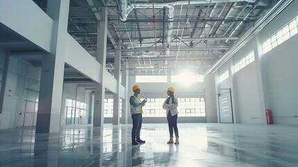 Leinwandbilder - Two Engineers Talking Standing in the Middle of an Empty Warehouse Inspecting Planning Future Factory Layout Professionals Industrial Designers Strategizing about New Manufacturing Pla : Generative AI