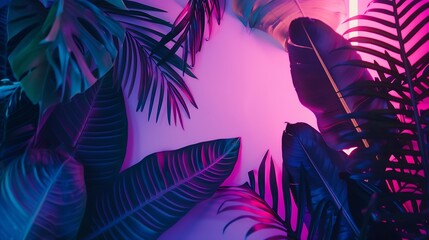 Poster - Creative fluorescent color layout made of tropical leaves with neon light square Flat lay Nature concept : Generative AI