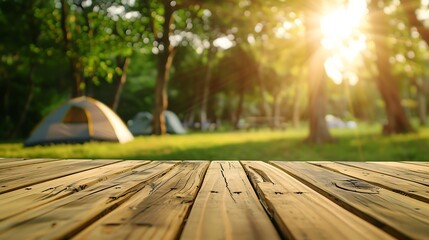 Wall Mural - Wooden table top on blur tent camping travel tent and grass fieldFresh and Relax conceptFor montage product display or design key visual layoutView of copy space : Generative AI