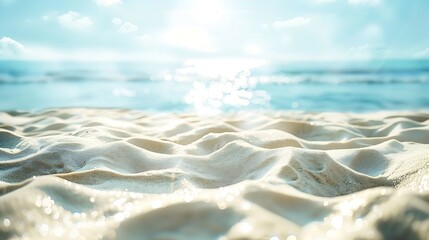 Wall Mural - Beach sand background for summer vacation concept Beach nature and summer seawater with sunlight light sandy beach Sparkling sea water contrast with the blue sky : Generative AI