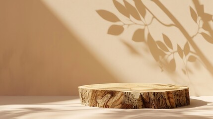 Poster - Abstract empty Wood slice podium with leaves shadows on beige background Mock up stand for product presentation 3D Render Minimal concept Advertising template : Generative AI