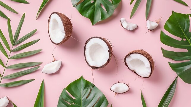 Creative layout made of coconuts and leaves Flat lay Food concept Coconut on pink background : Generative AI
