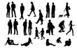 Silhouettes men, women, teenagers and children standing, walking, sitting, skateboarding, black color, vector, group recreation people, students, flat icon design concept isolated on white background
