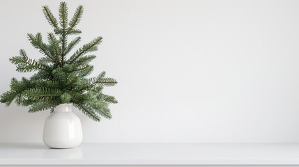 Aufkleber - Christmas New Year home decor Empty white wall mock up with green fir branches in a vase on a white table Mock up for displaying works : Generative AI