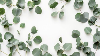 Poster - Eucalyptus leaves on white background Frame made of eucalyptus branches Flat lay top view copy space : Generative AI