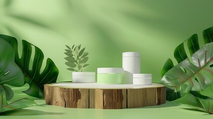 Aufkleber - Minimal modern product display on green background Wood slice podium and green leaves Concept scene stage showcase for new product promotion sale banner presentation cosmetic : Generative AI