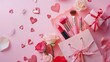 © Generative AI - Express your love with perfect gifts Top view of paper bag loaded with presents lipstick brushes eyeshadow mascara heart sprinkles roses on a pastel pink surface Ideal for Valentines D : Generative AI