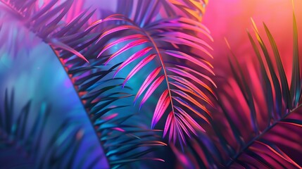 Wall Mural - Tropical and palm leaves in vibrant bold gradient holographic neon  colors Concept art Minimal surrealism background : Generative AI