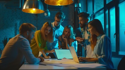 Fototapete - Office laptop diversity teamwork and happy people review media application layout creative design or project  designer working report : Generative AI