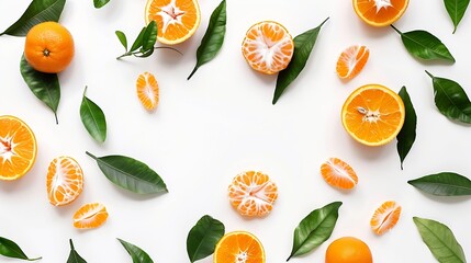 Aufkleber - Fresh clementine fruit with leaves creative layout isolated on white background Healthy eating and food concept Tangerine or mandarin citrus fruits composition Flat lay top view : Generative AI